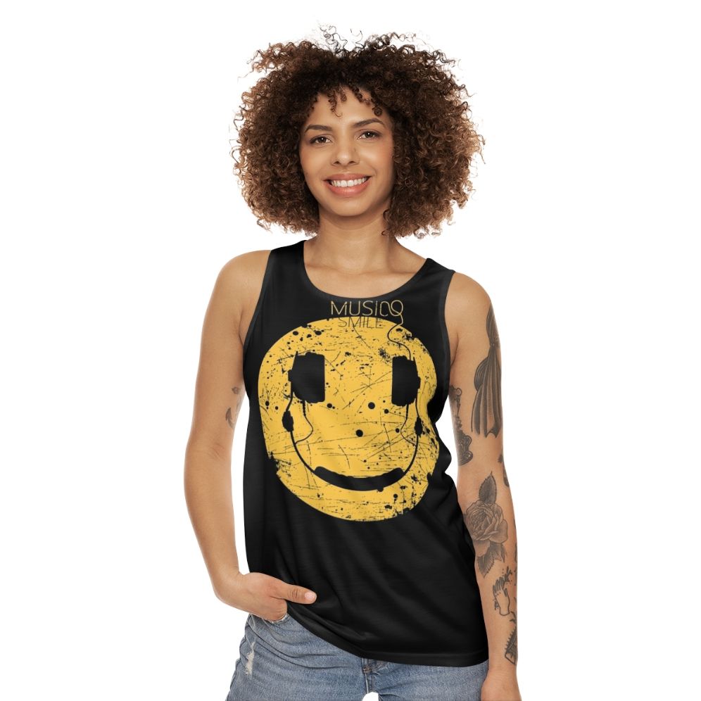 Unisex tank top with abstract music and smile design - women