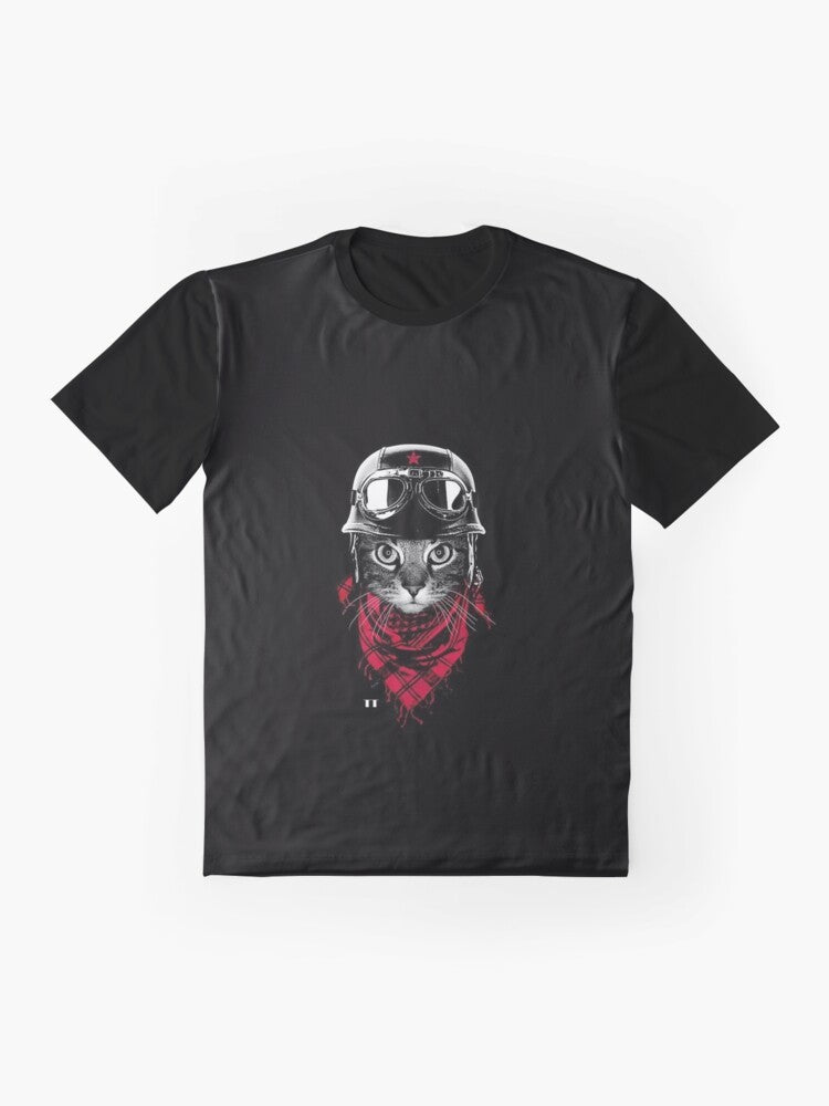 Motorcycle cat graphic t-shirt with a vintage helmet-wearing cat design - Flat lay