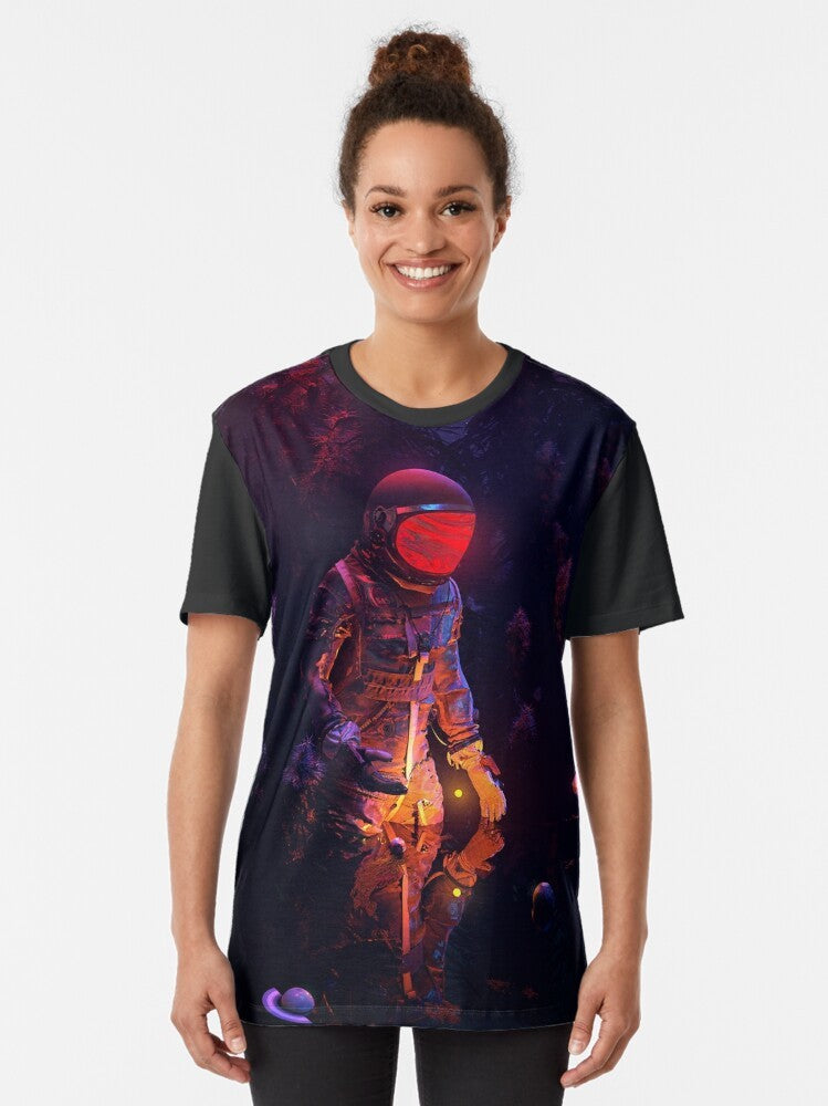 Stellar space graphic t-shirt featuring a cosmic, surreal design with planets, stars, and a celestial landscape. - Women