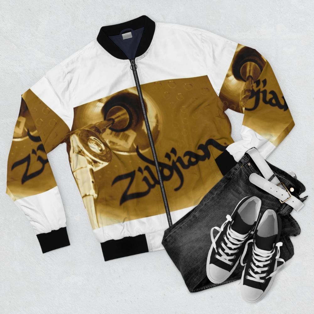 Sepia Crash Bomber Jacket with Zildjian Drum Logo - Flat lay