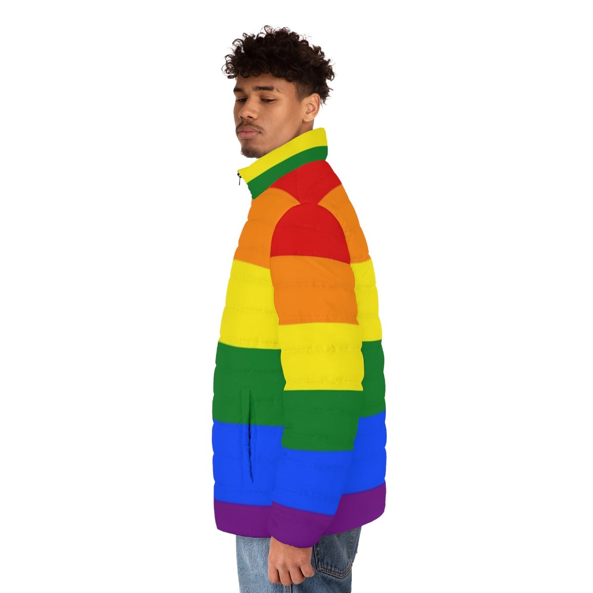 LGBTQIA+ Pride Rainbow Puffer Jacket, showcasing a vibrant rainbow design - men side left