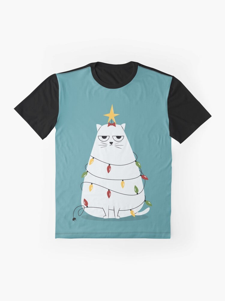 Grumpy Christmas cat graphic on a t-shirt - Flat lay