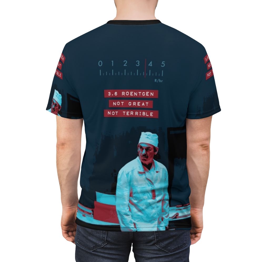 Chernobyl-inspired "3.6 Roentgen" AOP T-shirt featuring Reactor 4 and Dyatlov references - men back