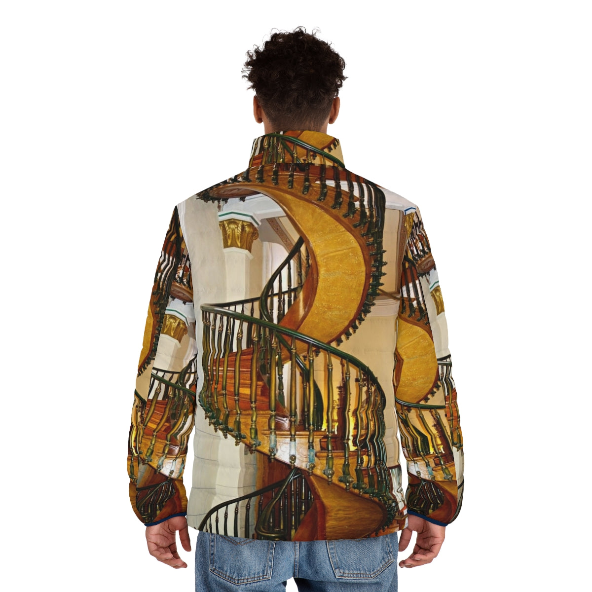 Loretto Chapel Staircase Puffer Jacket featuring the iconic spiral staircase - men back