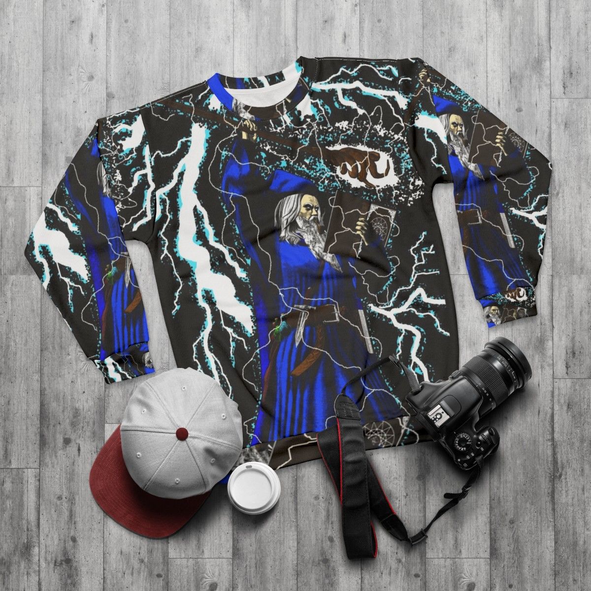 Traditional high fantasy wizard blue sweatshirt - flat lay