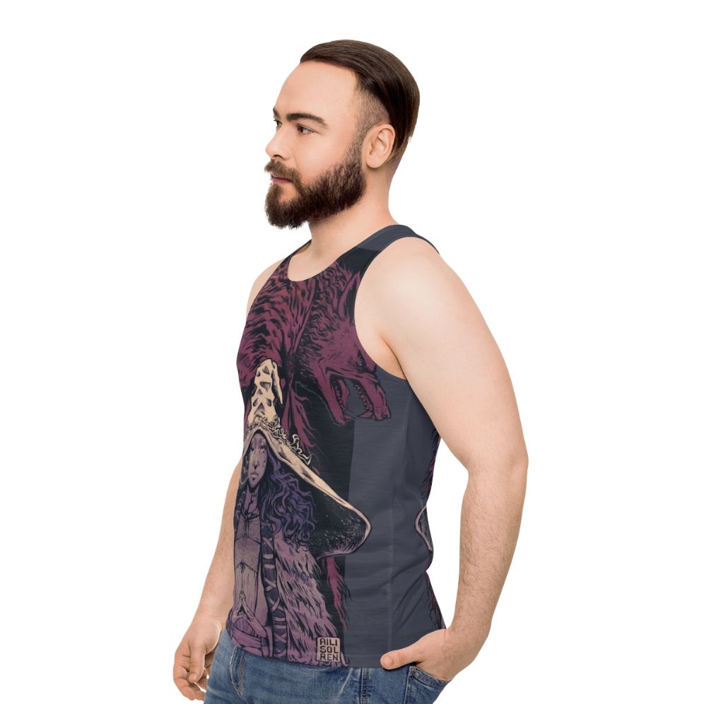 Desaturated unisex tank top featuring Ranni and Blaidd from Elden Ring - men side