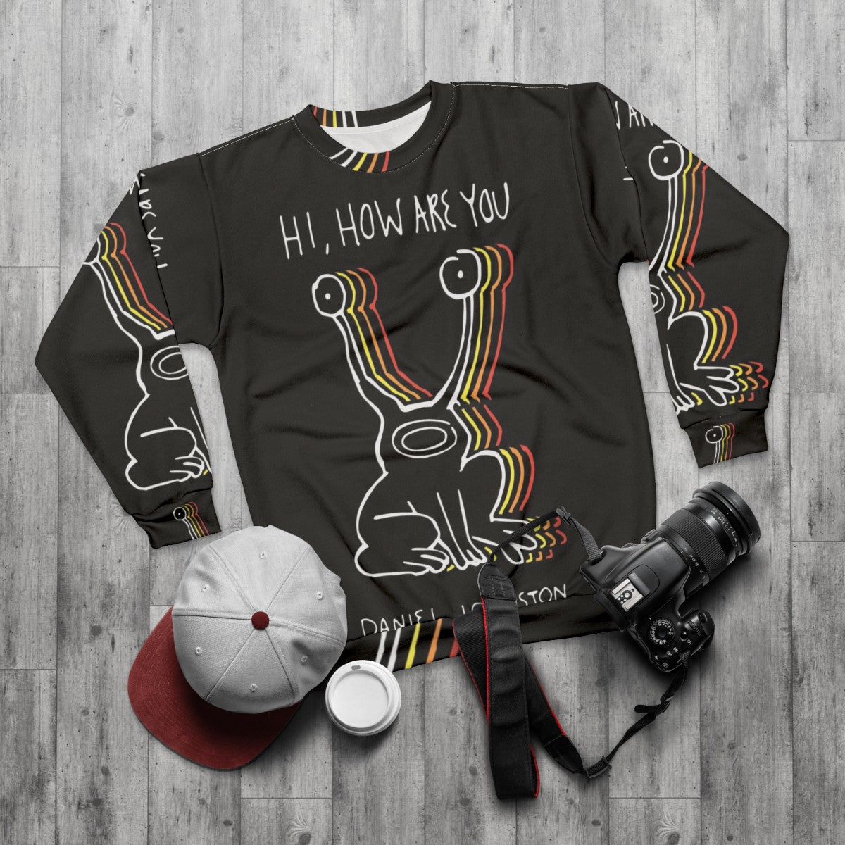 Vintage-style Daniel Johnston "Hi, How Are You?" graphic sweatshirt - flat lay