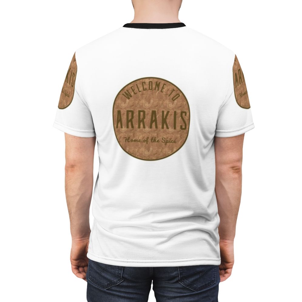 Dune-inspired round dark pattern t-shirt featuring Arrakis, the planet from the Dune science fiction franchise. - men back