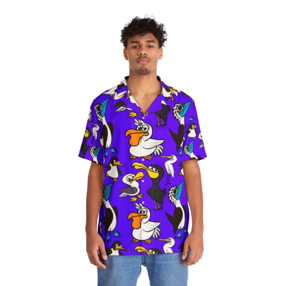 Cartoon seabird flock pattern on a vibrant Hawaiian shirt - People Front