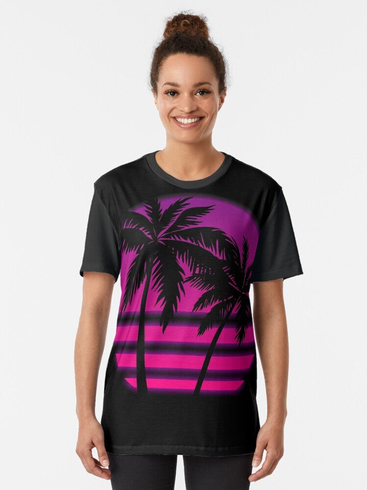 Miami Wave Graphic T-Shirt featuring a retro neon sunset and palm trees design - Women