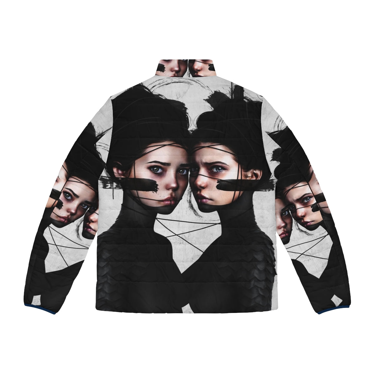 Gemini puffer jacket with portrait, realism, and pop surrealism design - Back