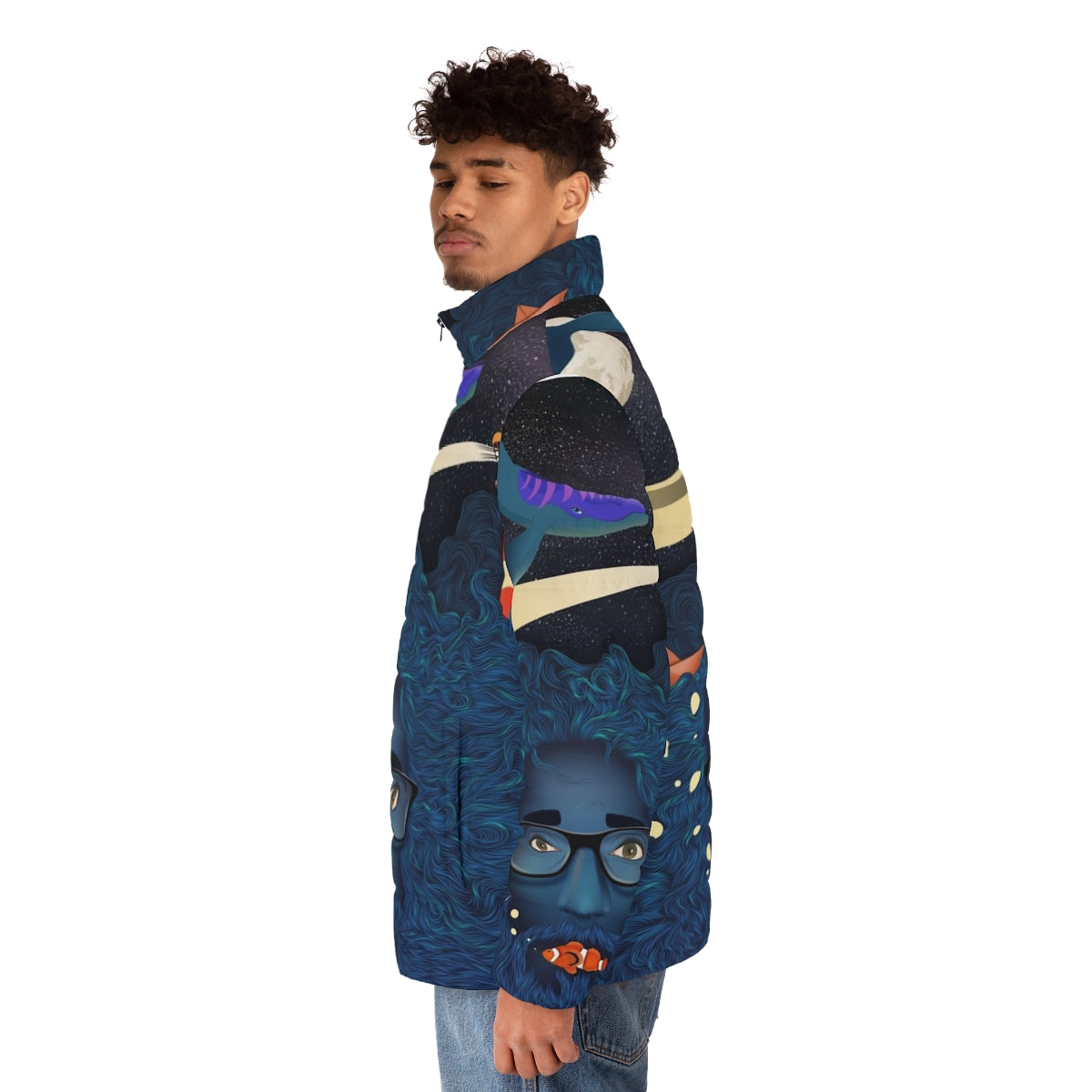 Deep Thoughts Puffer Jacket with Calma Art Design - Fantasy Ocean Theme - men side left