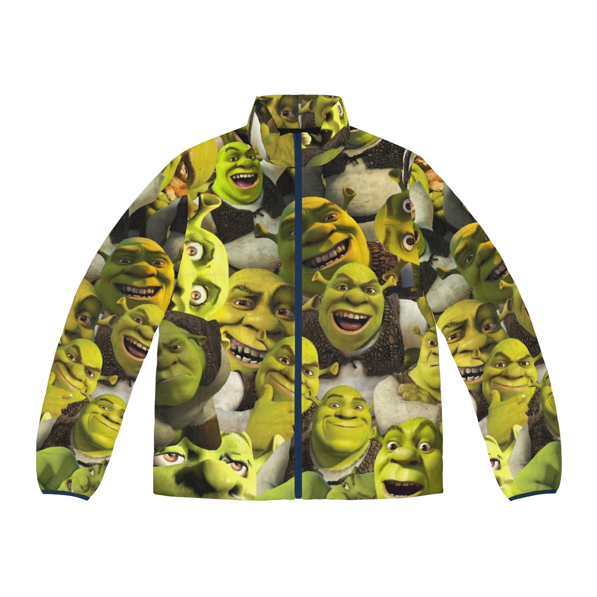 Shrek Collage Puffer Jacket featuring vibrant Shrek-inspired graphics and a playful, trendy design