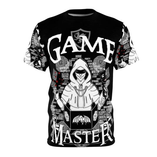 A white t-shirt with a custom game master themed graphic design.