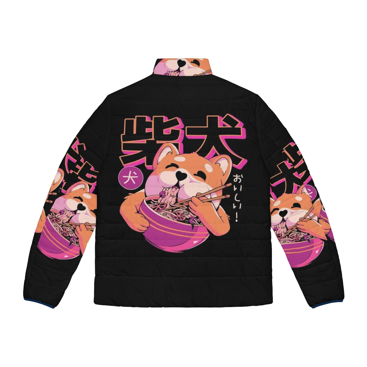 Shiba Noodles Puffer Jacket featuring a cute Shiba Inu dog and Japanese ramen noodles design - Back