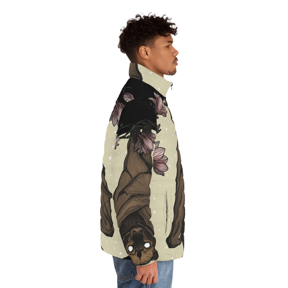 Bat print puffer jacket with a spooky and wildlife-inspired design - men side right