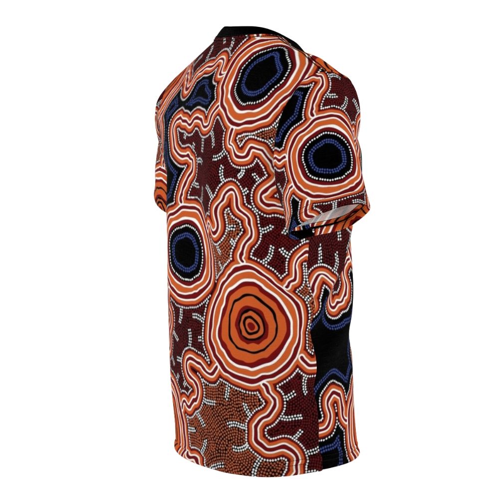 Authentic Aboriginal dot art painting depicting pathways to water on a high-quality t-shirt - men right