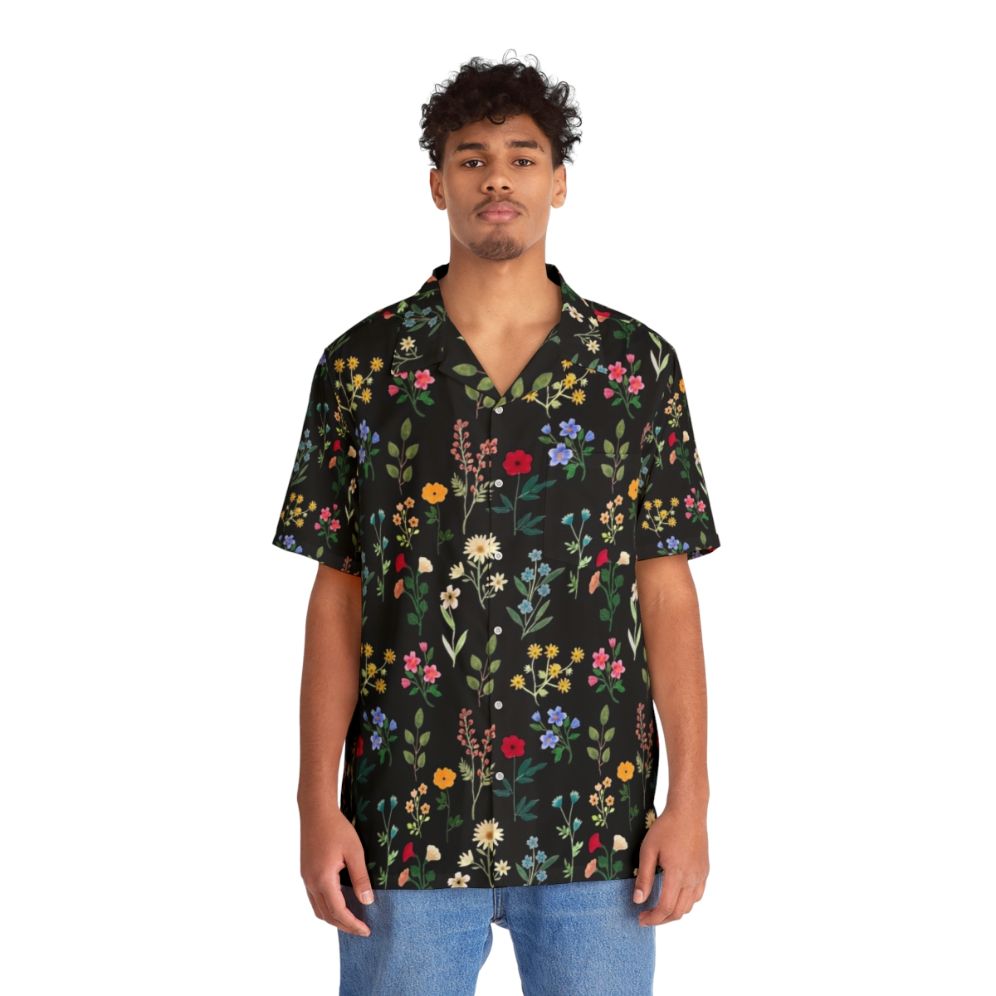 Black Hawaiian shirt with spring botanical floral pattern - People Front