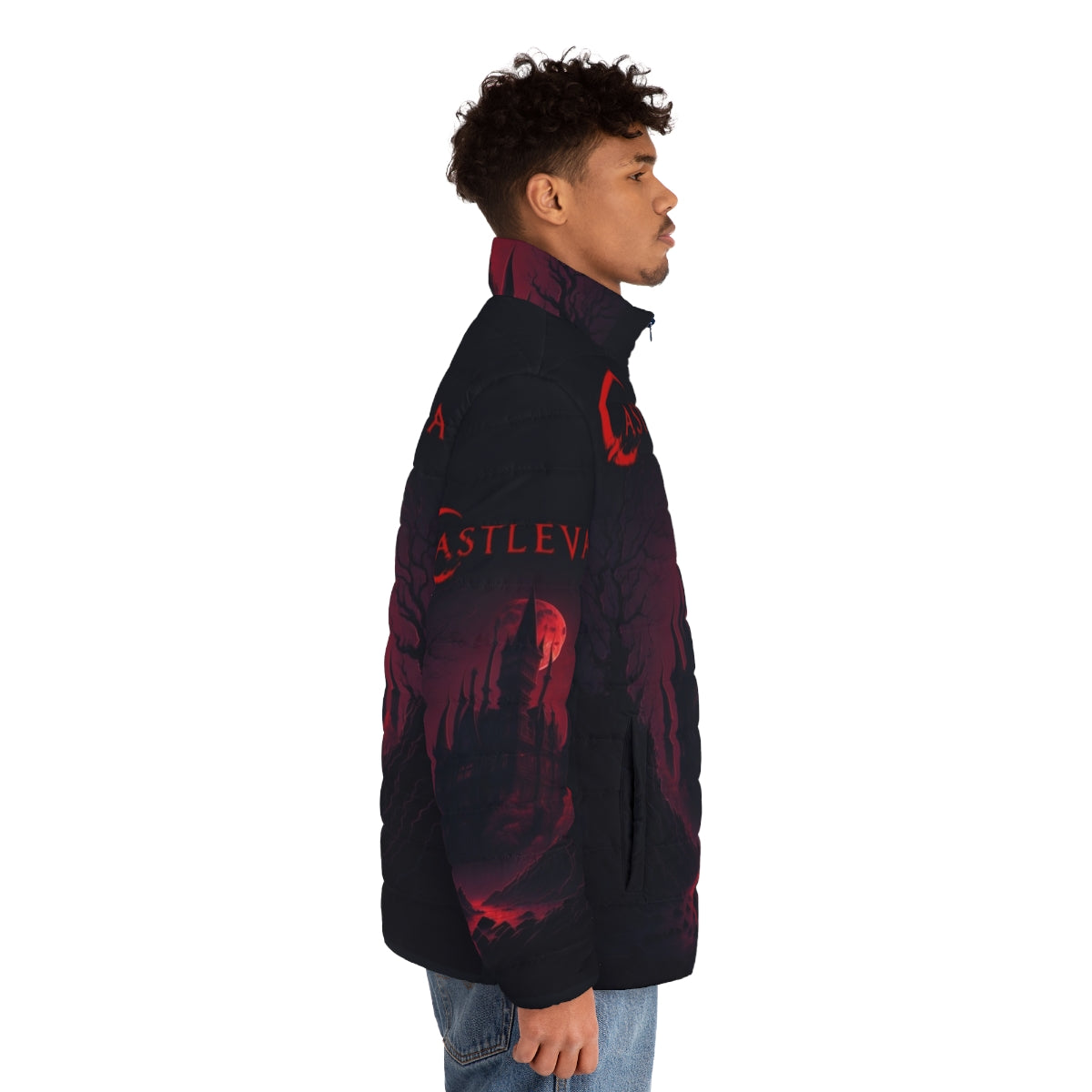 Castlevania: A Dark Place Puffer Jacket, featuring characters from the Netflix anime series - men side right