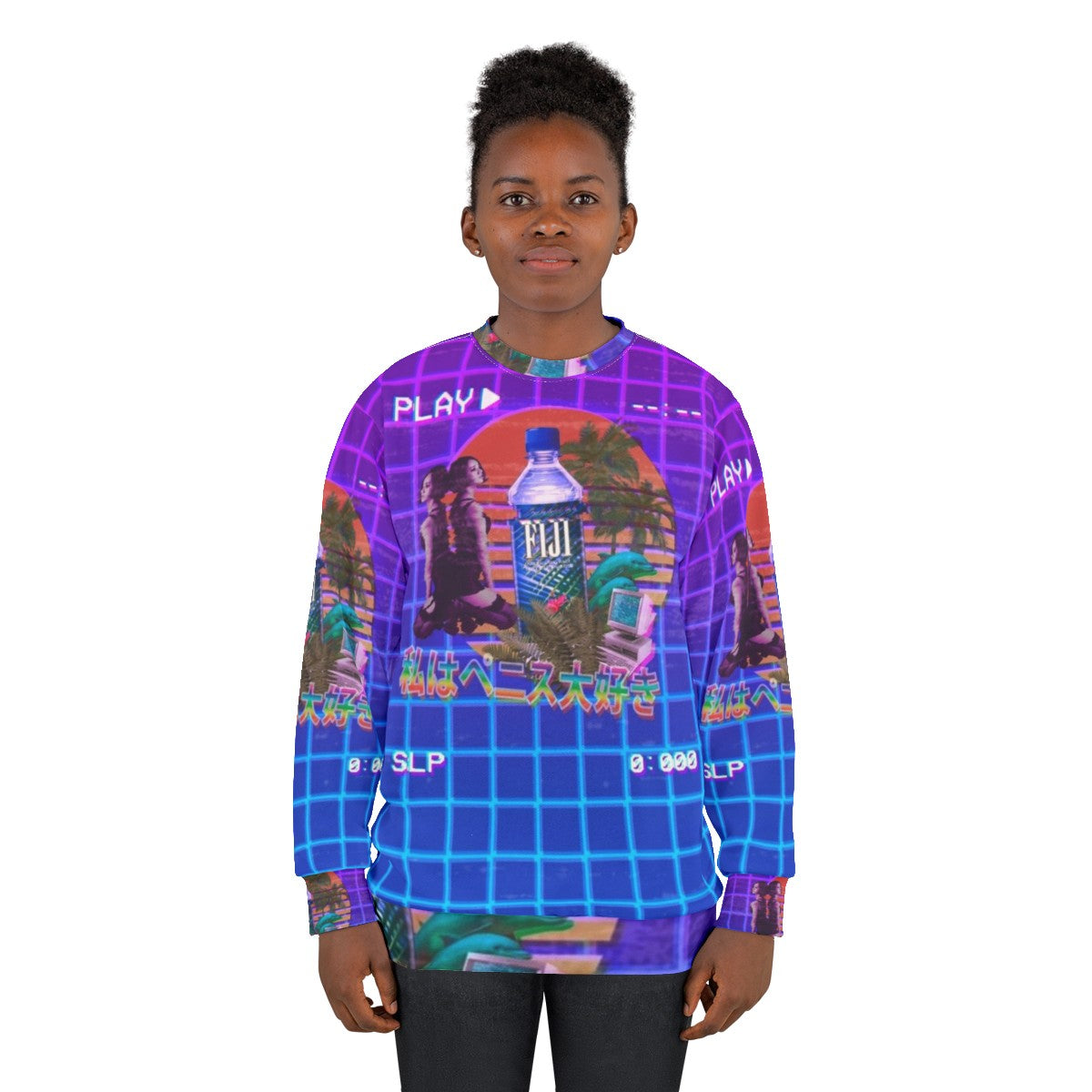 Vaporwave Fiji Bottle Sweatshirt featuring a 90s inspired, 3D cyberpunk aesthetic - women