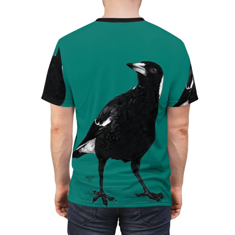 Stylish t-shirt featuring a striking black and white Australian magpie bird design - men back