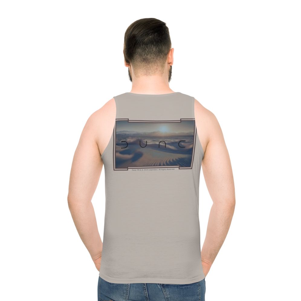 Dune-inspired unisex tank top with a greyish beige background - men back