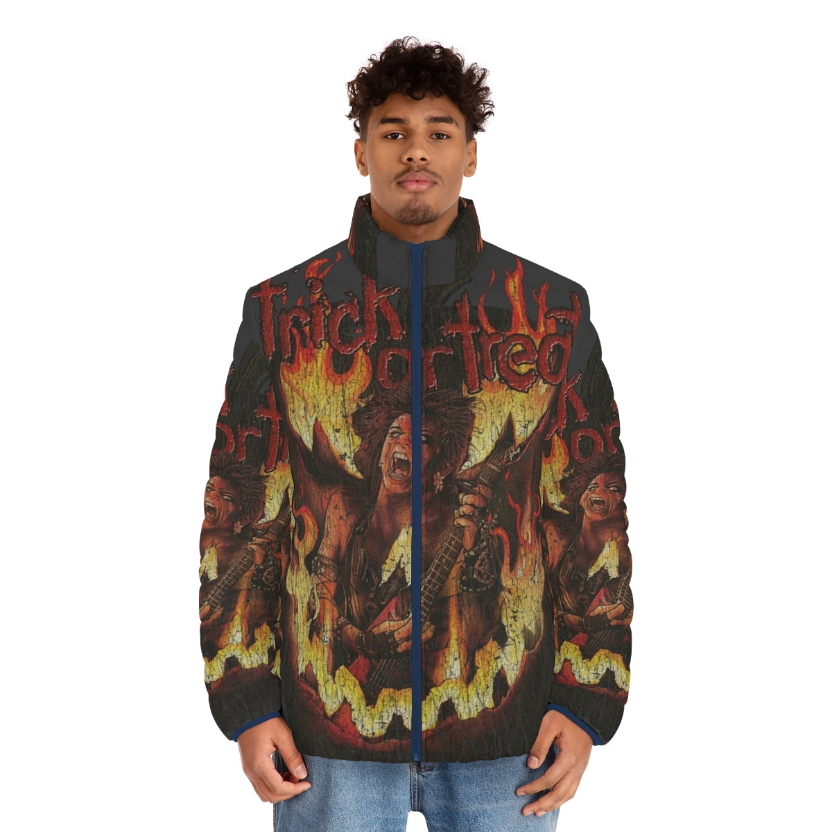 Trick Or Treat 1986 Puffer Jacket featuring horror and heavy metal inspired graphics - men front