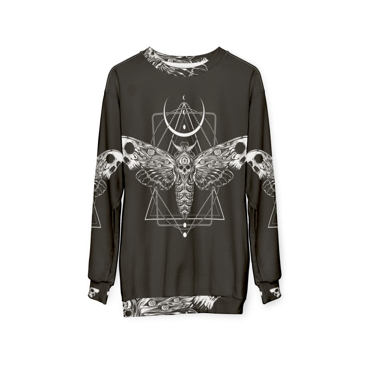 Surreal death moth graphic on a black sweatshirt - hanging