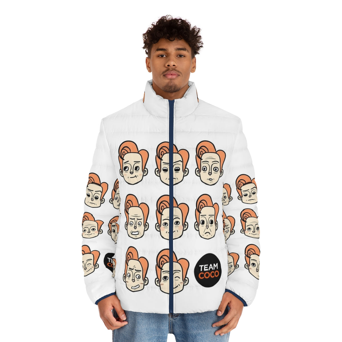 Conan Obrien Puffer Jacket featuring various expressions and designs - men front