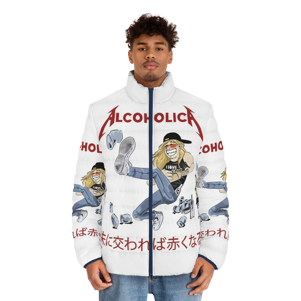 Alcoholica Puffer Jacket featuring metal music, anime-style cartoon, and alcohol-themed imagery - men front