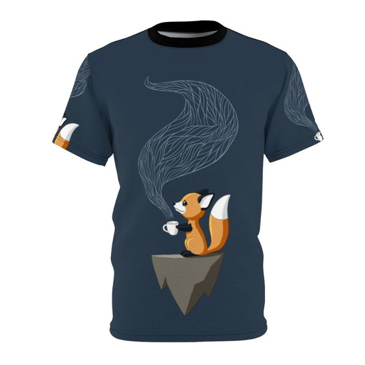 Illustration of a cute, smiling fox enjoying a cup of tea on a blue and orange t-shirt design