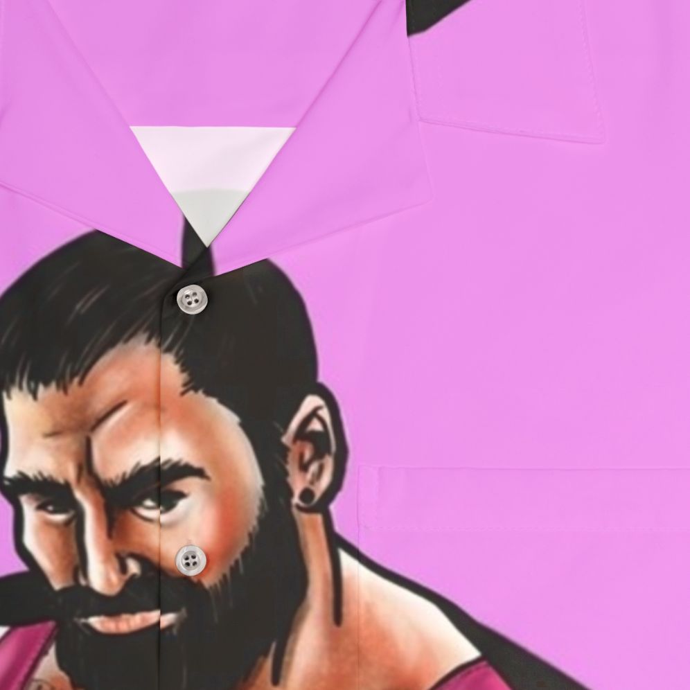 Bearded muscle bear wearing a Hawaiian shirt with a Valentine's Day theme - Detail