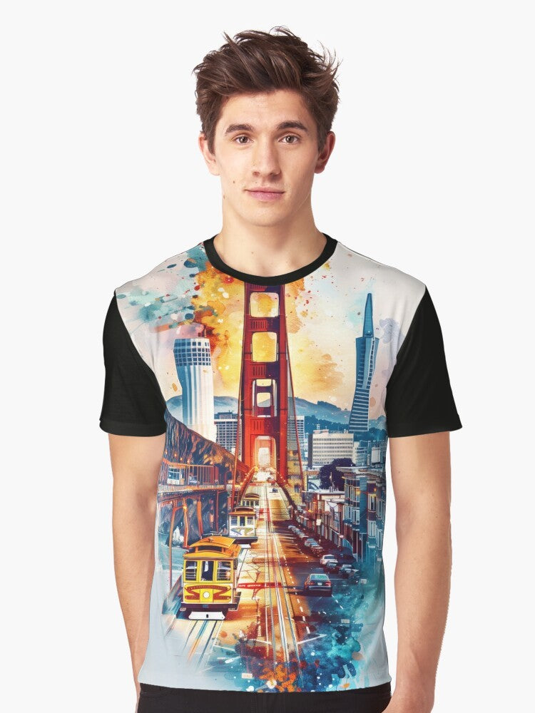 Graphic t-shirt featuring the iconic San Francisco Golden Gate Bridge and cable cars in a vibrant, artistic collage design. - Men