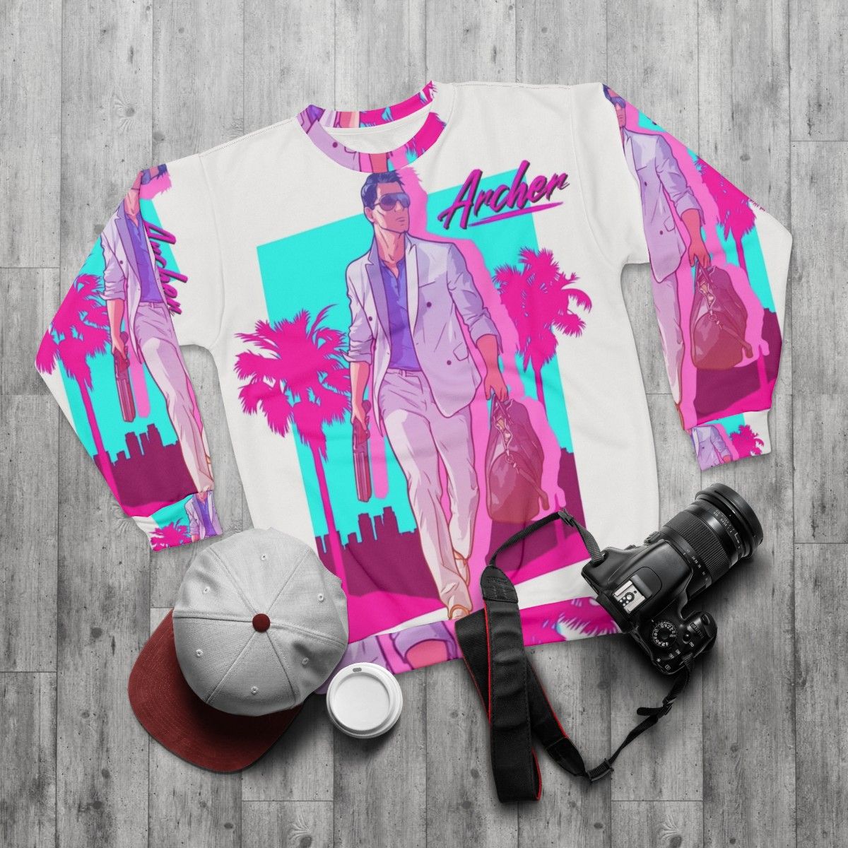 Archer Vice Palm 80s Sweatshirt featuring retro synthwave vaporwave design - flat lay