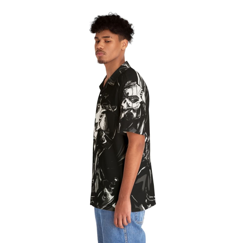 Borderlands-inspired dark graphic Hawaiian shirt with monochrome cell-shaded design - People Left