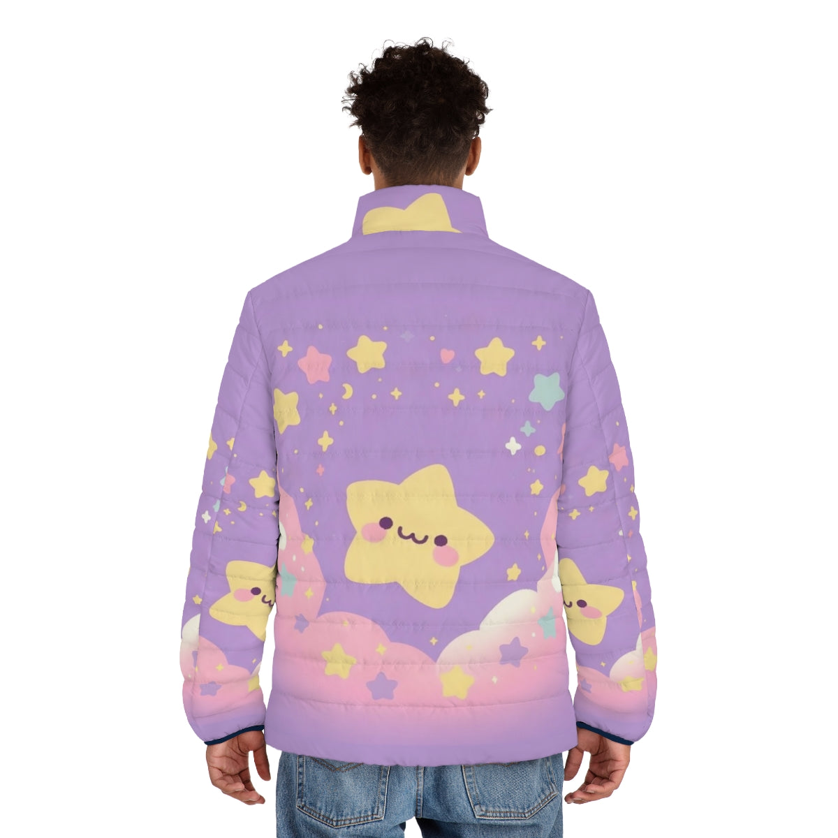 Puffer jacket with a galaxy star print design in shades of purple and blue - men back