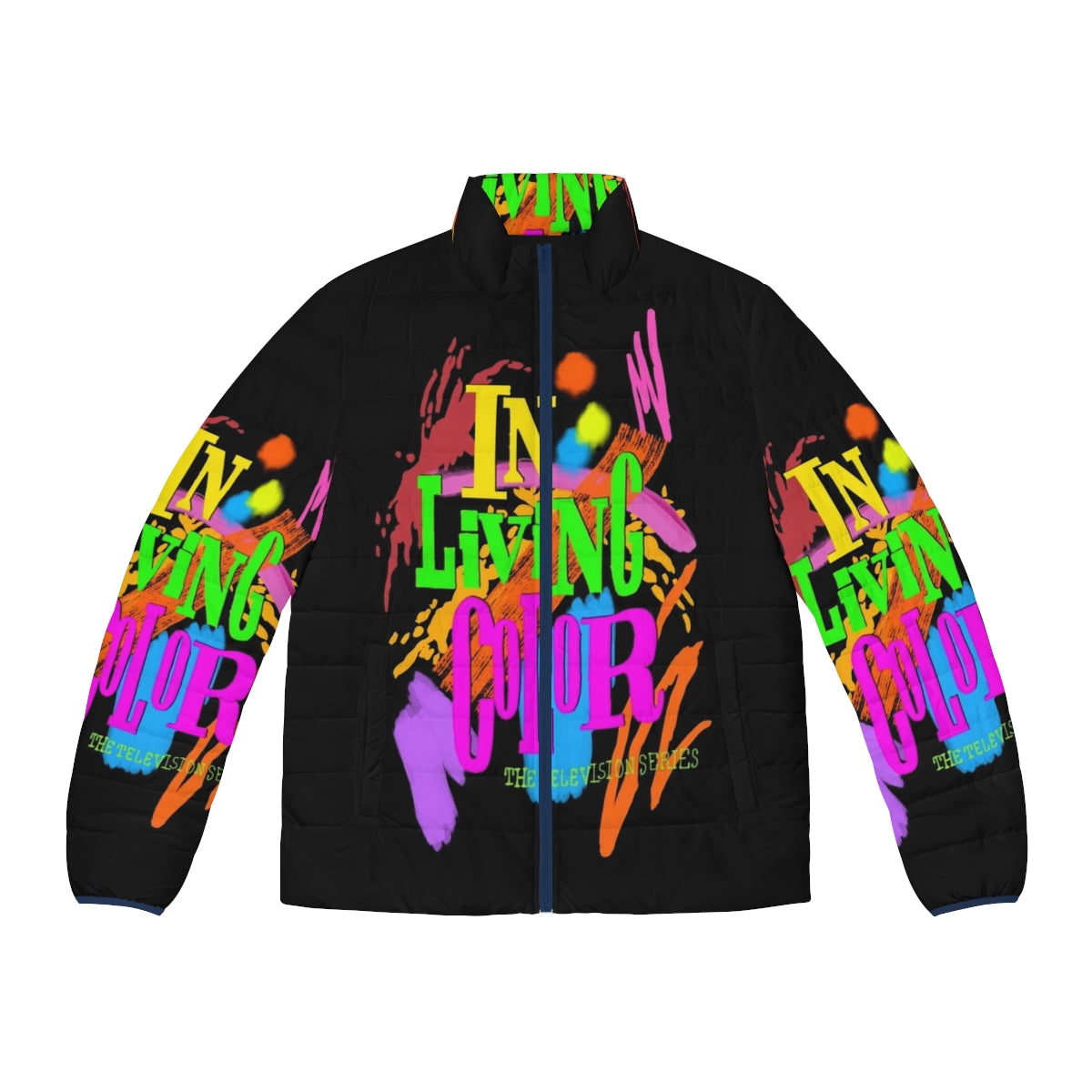 Vibrant 90's inspired puffer jacket featuring "In Living Color" branding