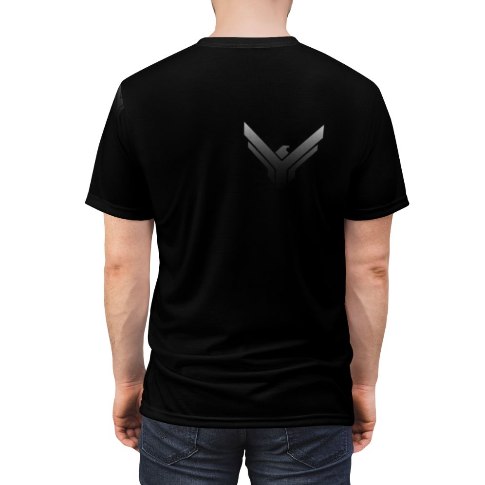 A grey t-shirt with a geometric pattern design inspired by the Dune movie. - men back