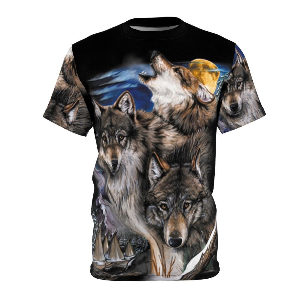 Graphic design of howling wolves under a full moon in a nature setting