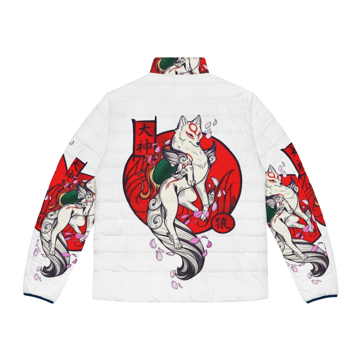 Okami Sakura Puffer Jacket featuring a traditional Japanese wolf design and sakura flowers - Back