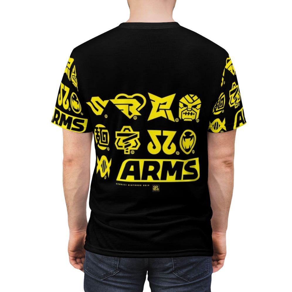 T-shirt featuring icons of characters from the Nintendo Arms fighting game, including Min Min, Ribbon Girl, and Spring Man. - men back