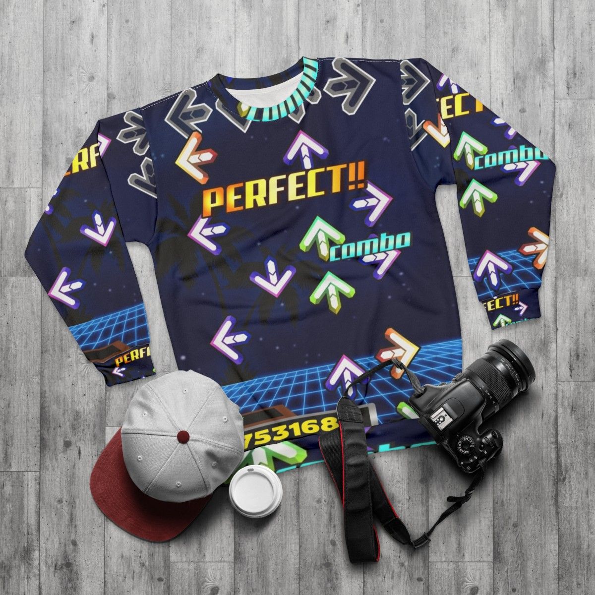 Dance Dance Revolution Sweatshirt with Neon Colors and Retro Gaming Vibes - flat lay