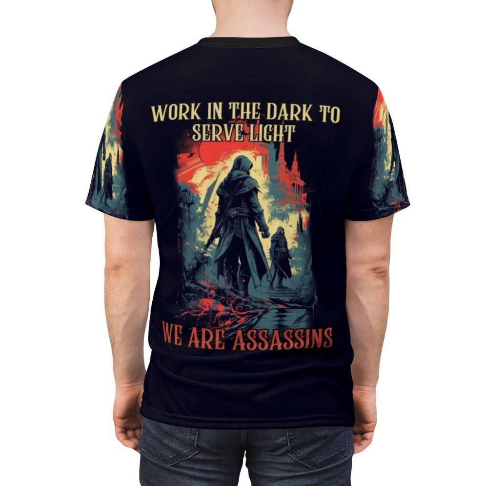 Assassin-Inspired Action T-Shirt featuring the Assassins Creed logo and design - men back