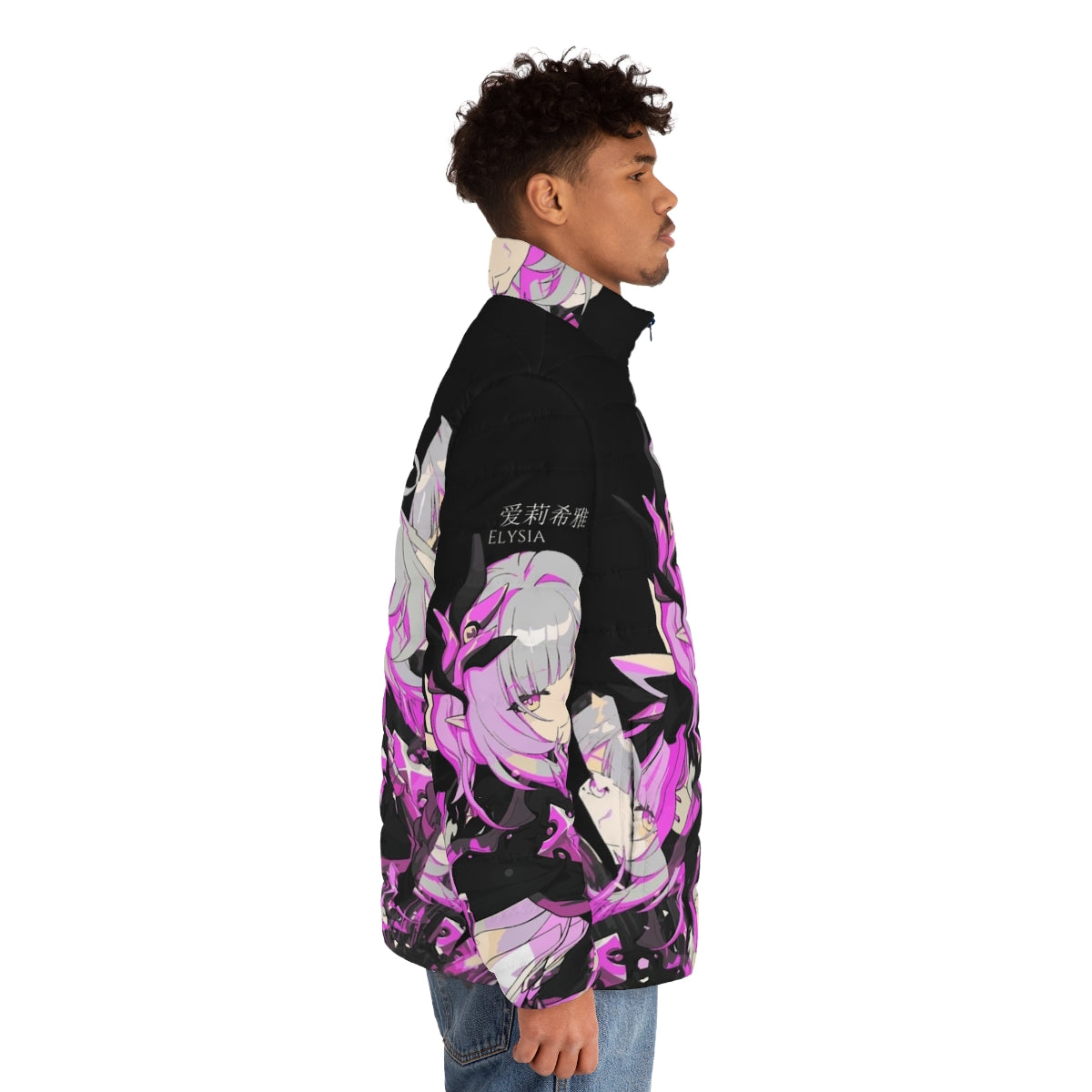 A crystal-infused puffer jacket with a reflective, fantasy-inspired design - men side right