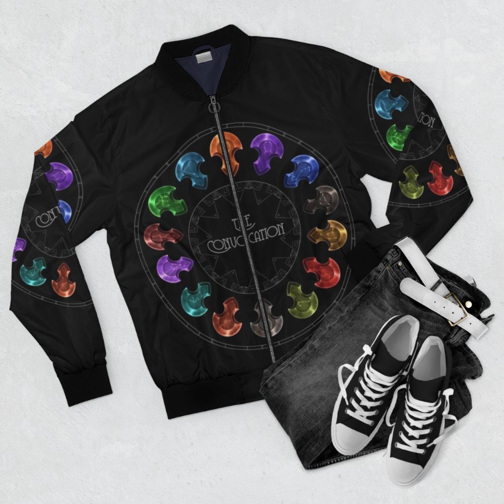 The Convocation Bomber Jacket from Final Fantasy XIV featuring ascian and Amaurot design - Flat lay