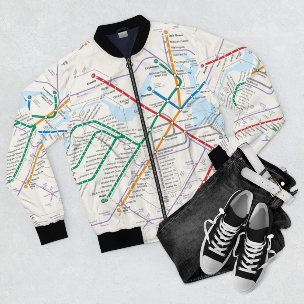 Bomber jacket featuring a map of the Boston public transportation system - Flat lay