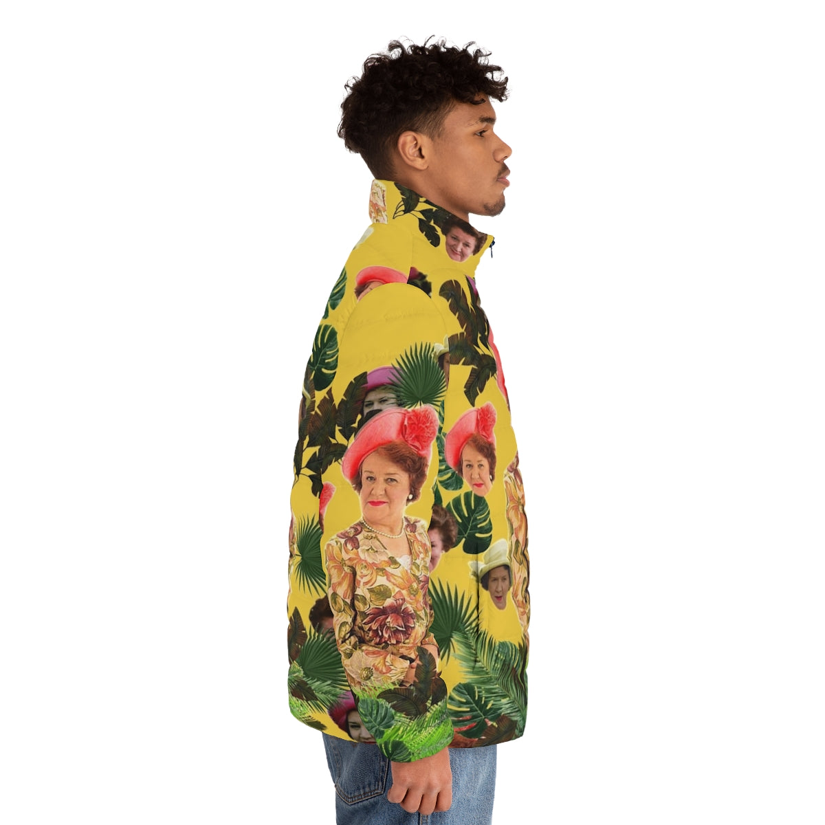 Hyacinth Bucket-inspired puffer jacket with a bouquet design - men side right