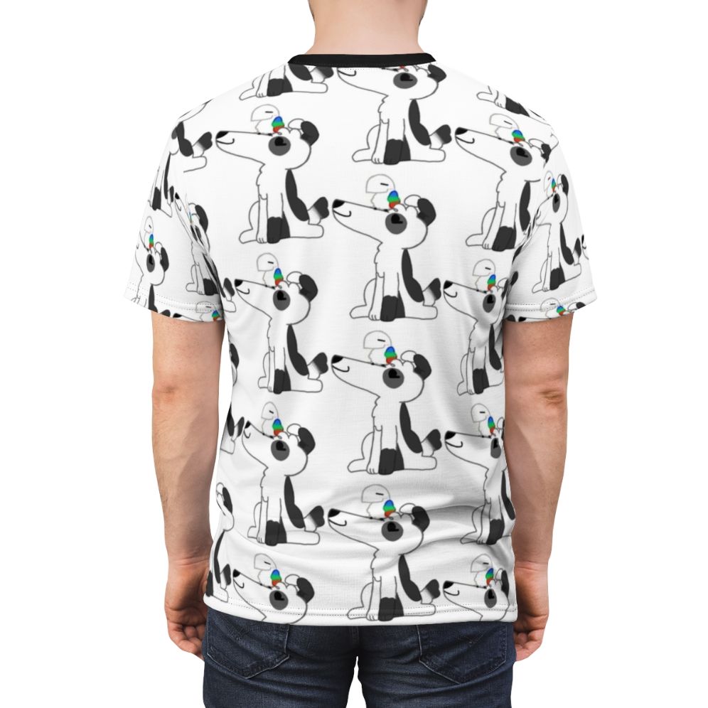 A high-quality t-shirt featuring a playful dog and bird design. - men back