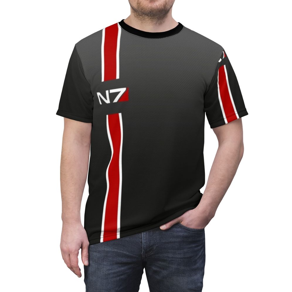 Iconic N7 Mass Effect inspired t-shirt design featuring characters and ships from the popular video game franchise. - men front