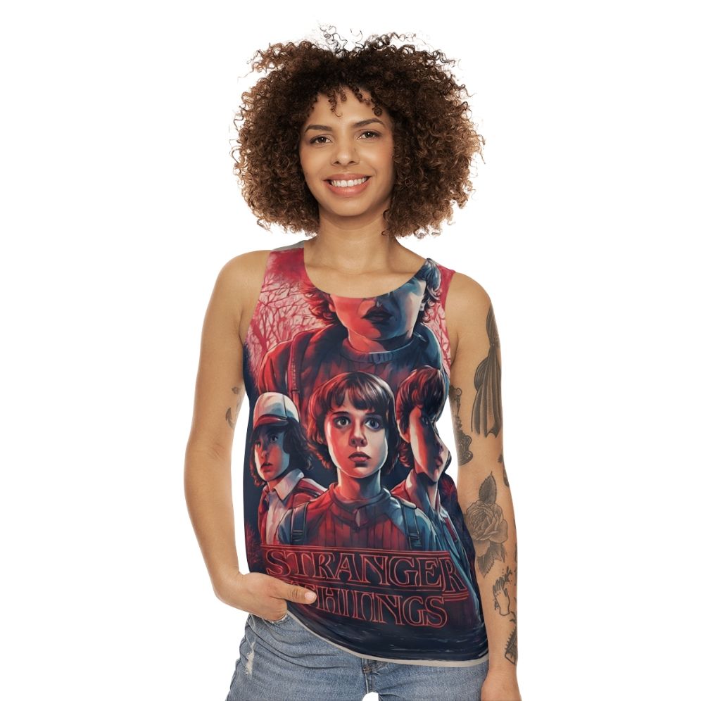 Stranger Things inspired unisex tank top featuring characters and elements from the show - women